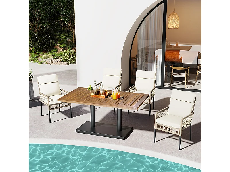 5-delige outdoor tafel- en stoelset voor 4 personen tegelijk, met massief acaciahouten tafelblad en PE rotan stoelen.