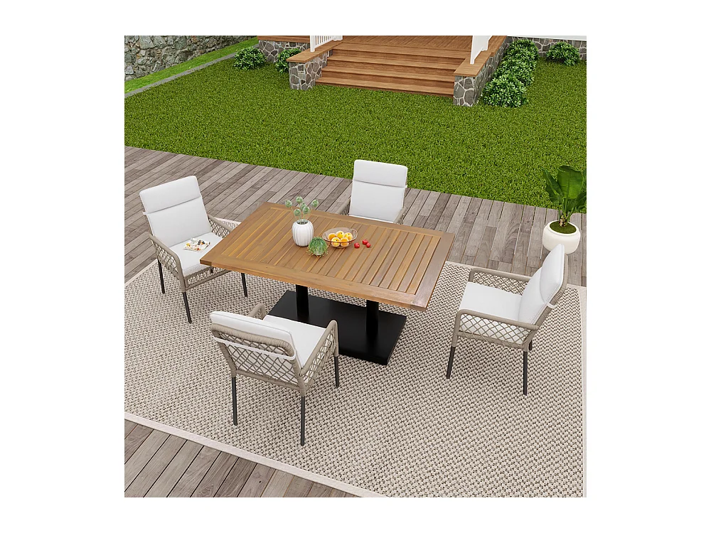 5-teiliges Outdoor-Tisch- und Stuhlset für 4 Personen gleichzeitig, mit Tischplatte aus massivem Akazienholz und PE-Rattan-Stühlen.