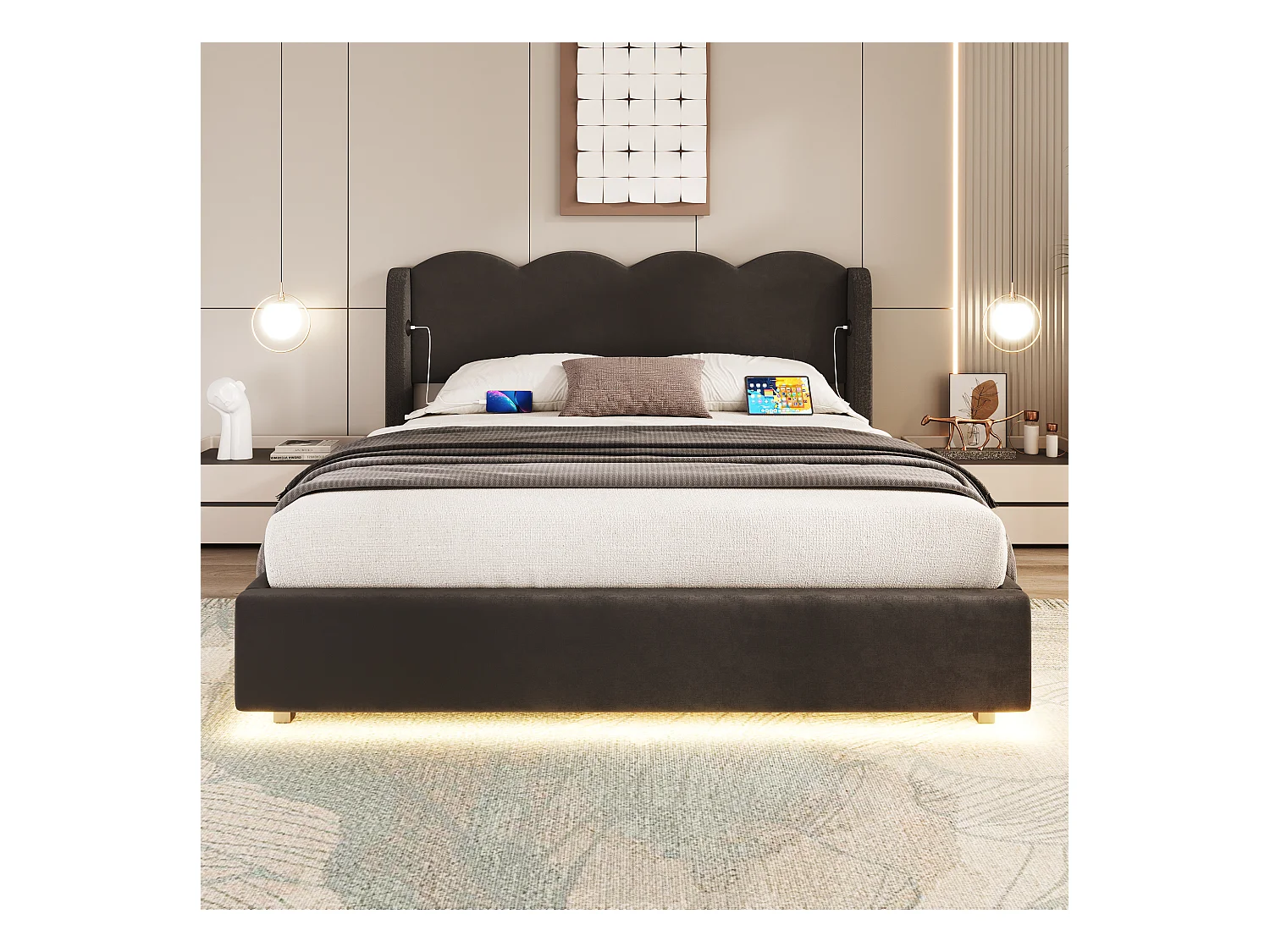 Lit hydraulique double 160x200 cm, cadre ondulé avec éclairage LED et fonction de chargement USB, avec cadre supérieur plat, tissu velours,noir