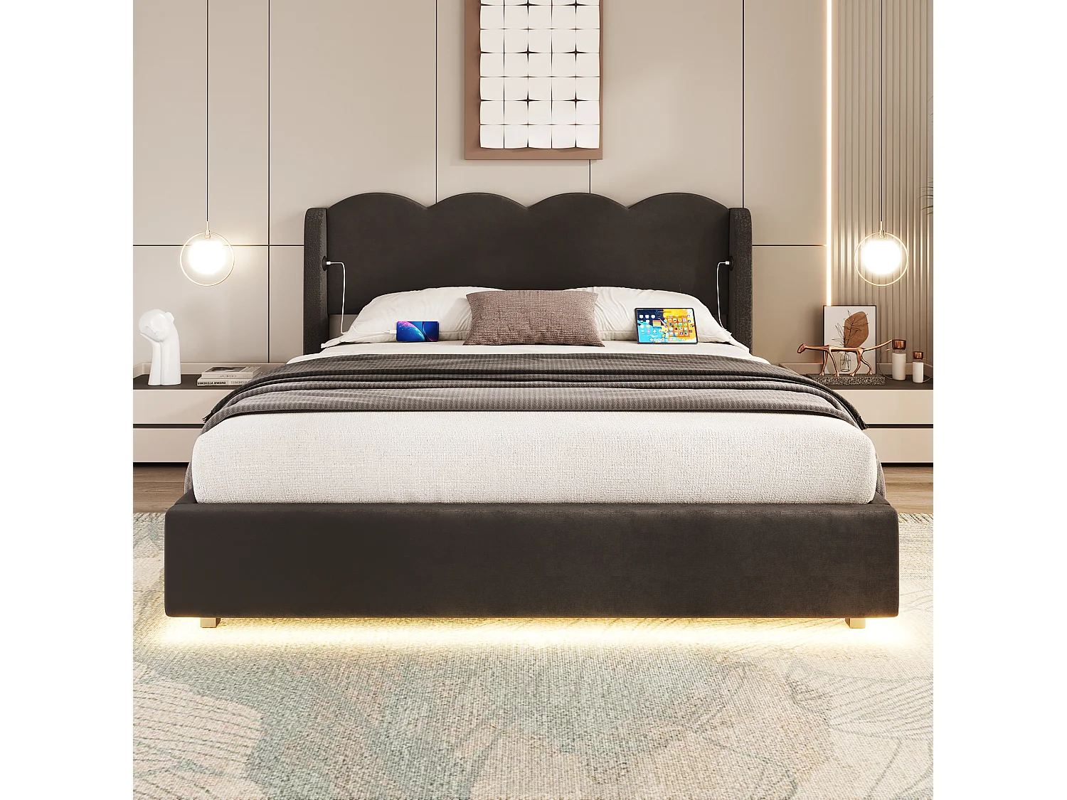 Lit hydraulique double 160x200 cm, cadre ondulé avec éclairage LED et fonction de chargement USB, avec cadre supérieur plat, tissu velours,noir