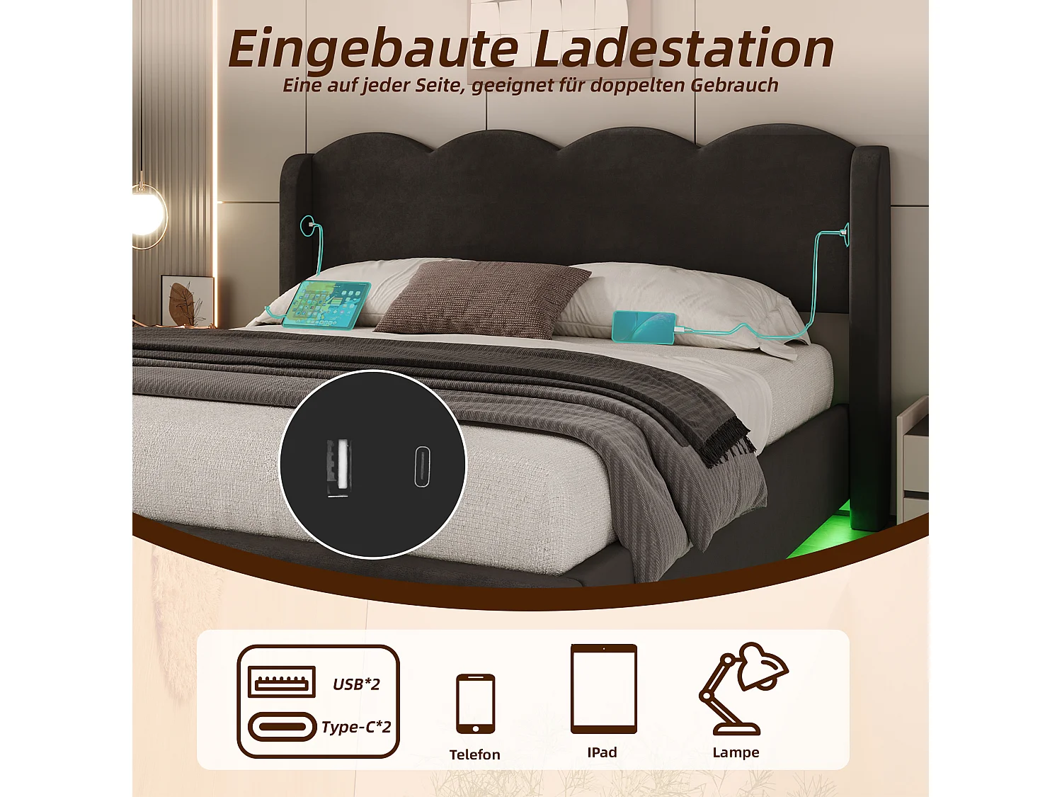 Lit hydraulique double 160x200 cm, cadre ondulé avec éclairage LED et fonction de chargement USB, avec cadre supérieur plat, tissu velours,noir