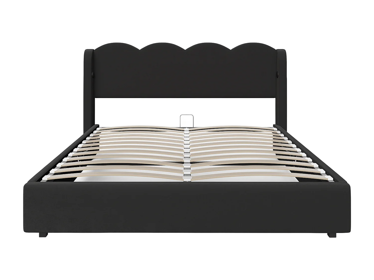 Lit hydraulique double 160x200 cm, cadre ondulé avec éclairage LED et fonction de chargement USB, avec cadre supérieur plat, tissu velours,noir