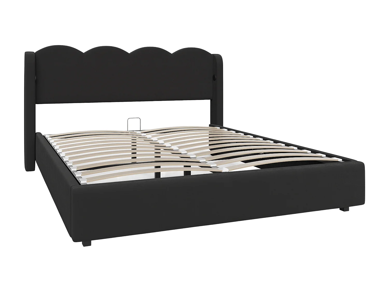 Lit hydraulique double 160x200 cm, cadre ondulé avec éclairage LED et fonction de chargement USB, avec cadre supérieur plat, tissu velours,noir