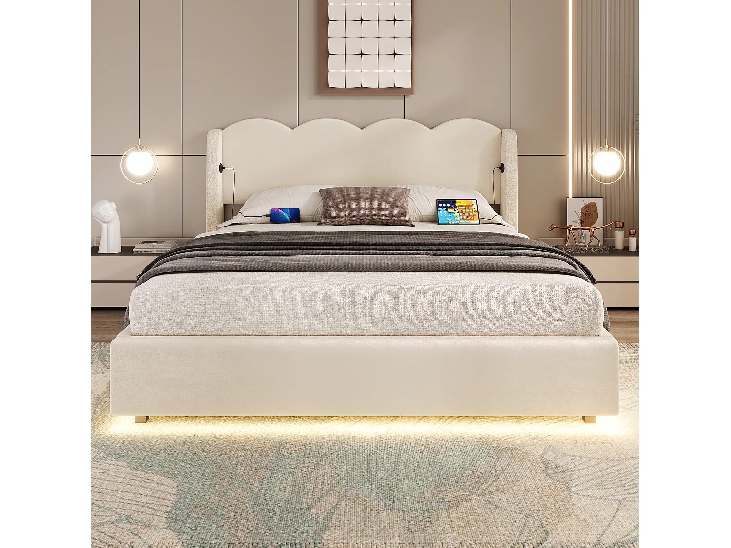 Hydraulisch tweepersoonsbed 160x200 cm, geribbeld frame met LED-verlichting en USB-oplaadfunctie, met vlak bovenframe, velours stof