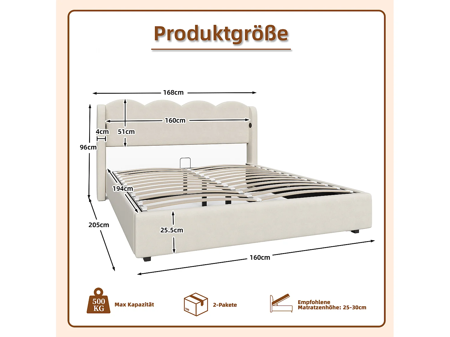 Hydraulisch tweepersoonsbed 160x200 cm, geribbeld frame met LED-verlichting en USB-oplaadfunctie, met vlak bovenframe, velours stof