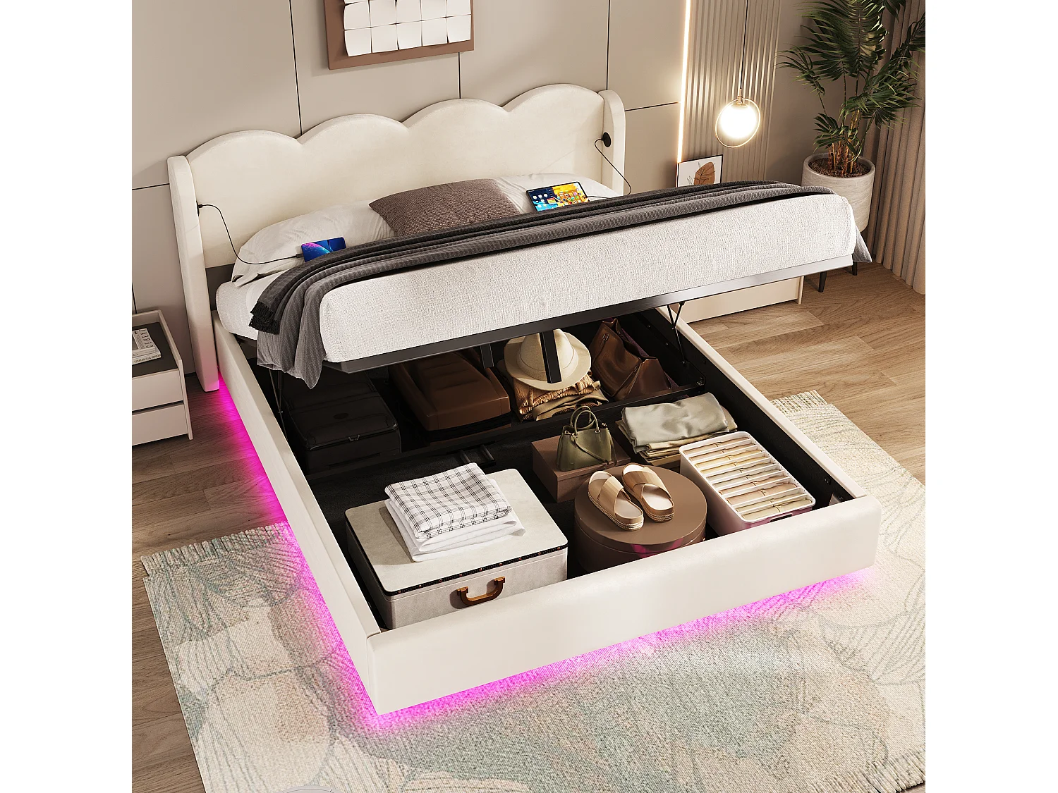 Hydraulisch tweepersoonsbed 160x200 cm, geribbeld frame met LED-verlichting en USB-oplaadfunctie, met vlak bovenframe, velours stof