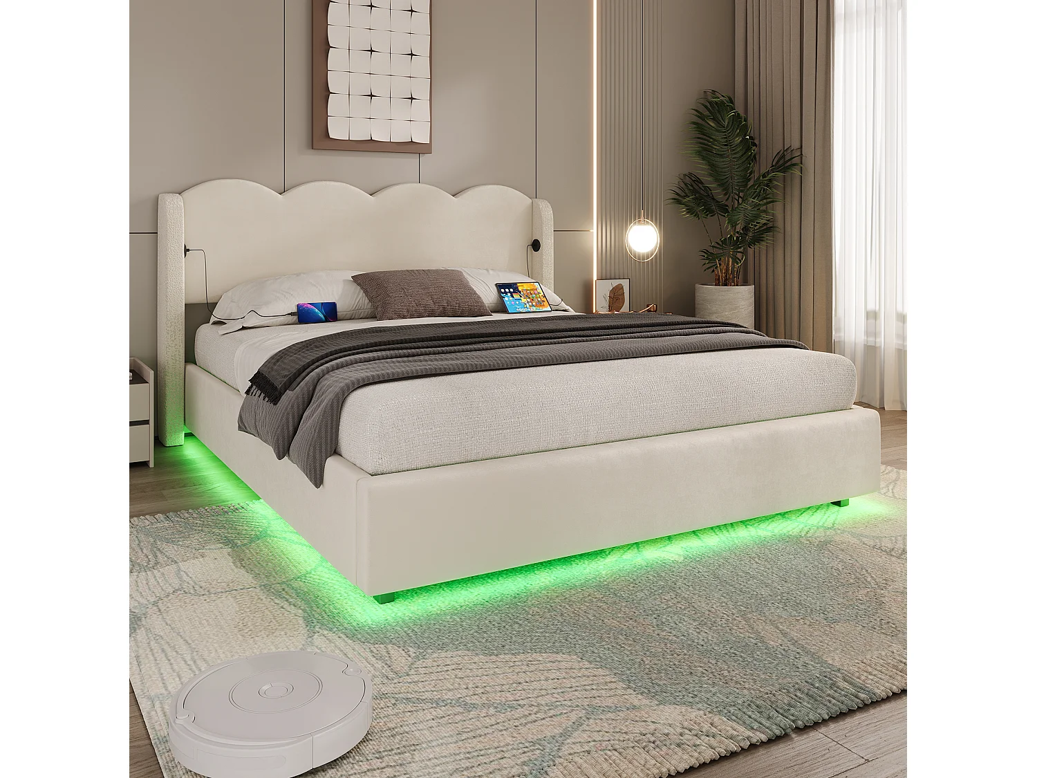 Dubbel gestoffeerd bed 140x200 cm, met golven, LED-verlichting, USB+C lader en extra opbergruimte, velours stof, beige