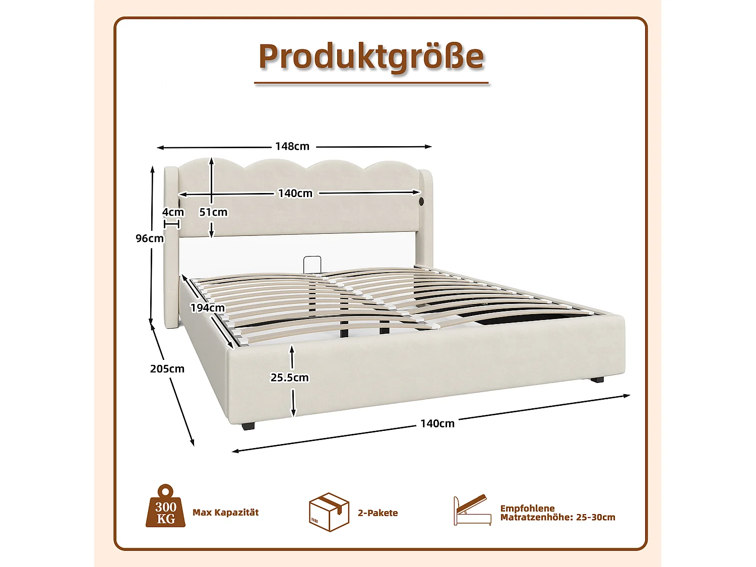 Dubbel gestoffeerd bed 140x200 cm, met golven, LED-verlichting, USB+C lader en extra opbergruimte, velours stof, beige