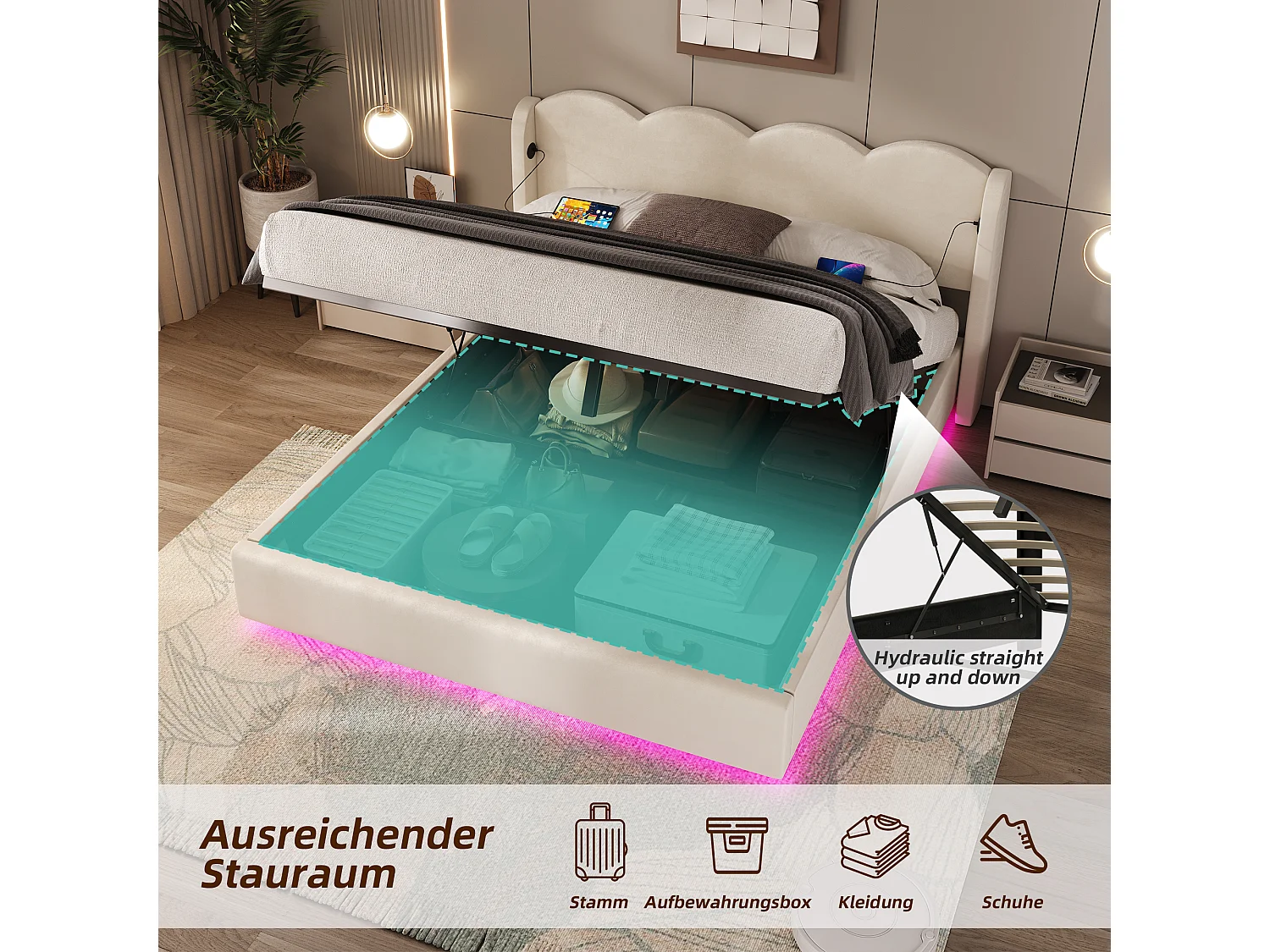 Dubbel gestoffeerd bed 140x200 cm, met golven, LED-verlichting, USB+C lader en extra opbergruimte, velours stof, beige