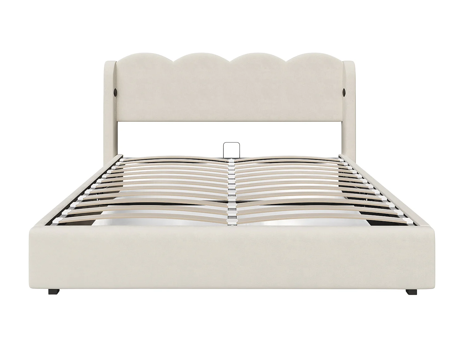 Dubbel gestoffeerd bed 140x200 cm, met golven, LED-verlichting, USB+C lader en extra opbergruimte, velours stof, beige