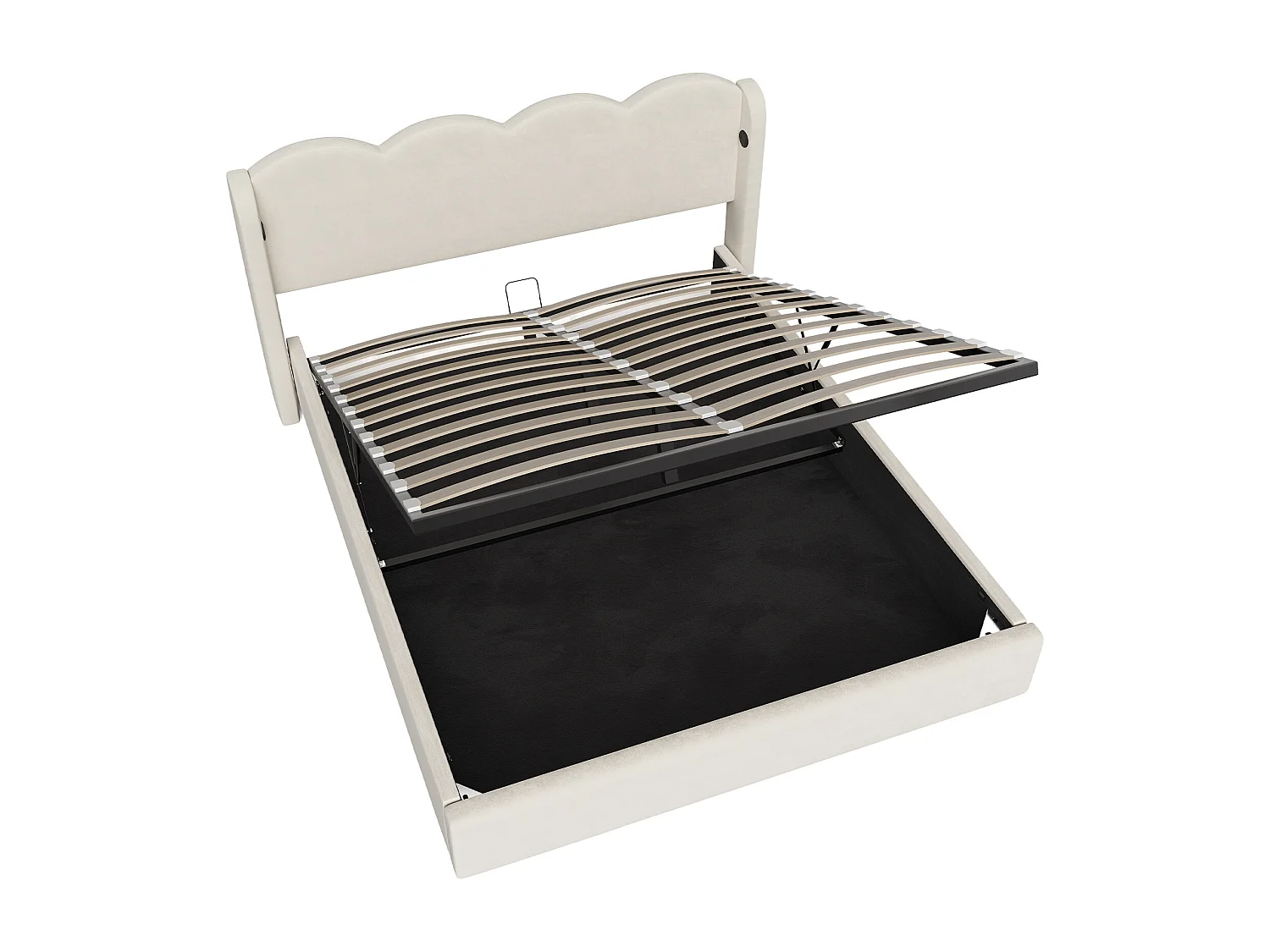 Dubbel gestoffeerd bed 140x200 cm, met golven, LED-verlichting, USB+C lader en extra opbergruimte, velours stof, beige