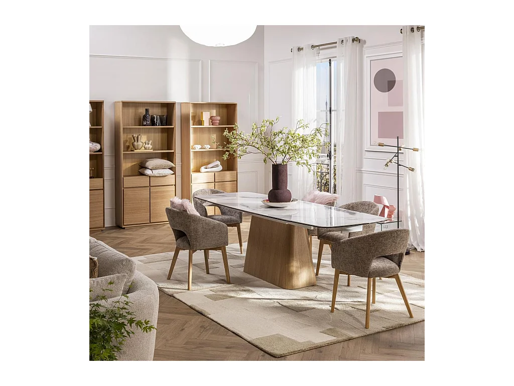 Habitat - Lot de 2 chaises en tissu chenille et bois massif avec accoudoirs - Beige et chêne - Rusti