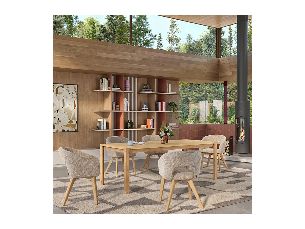 Habitat - Lot de 2 chaises en tissu chenille et bois massif avec accoudoirs - Beige et chêne - Rusti