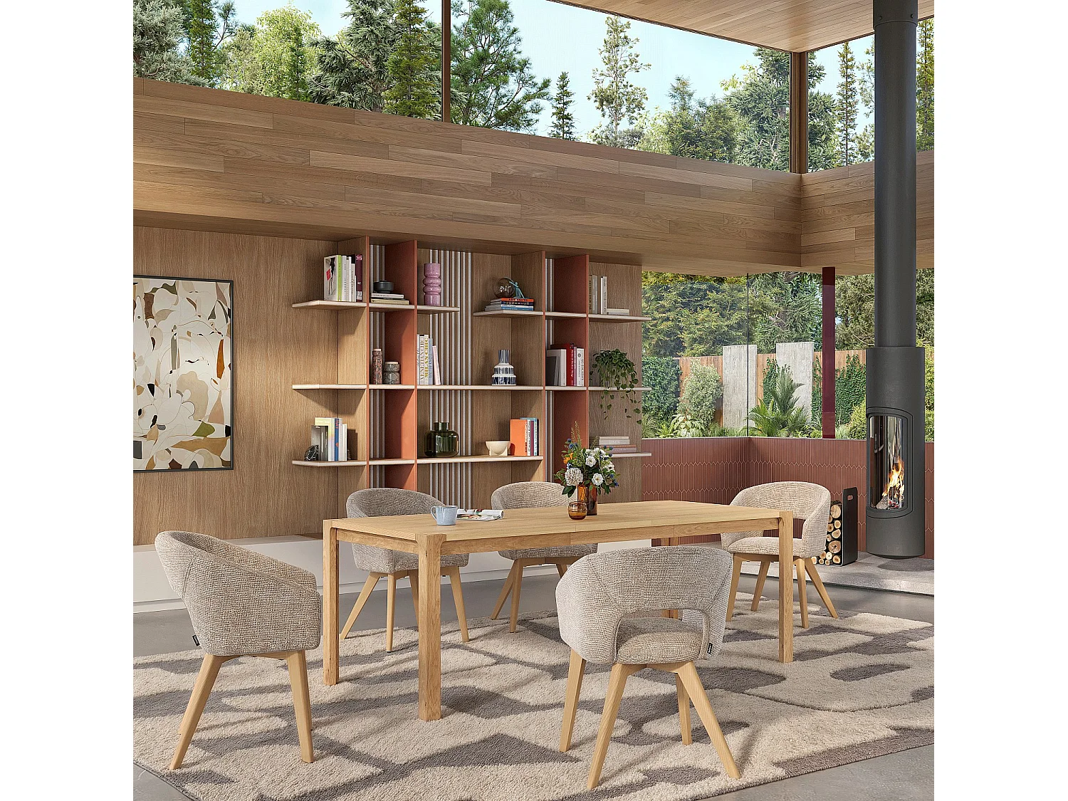 Habitat - Lot de 2 chaises en tissu chenille et bois massif finition chêne avec accoudoirs - Beige - Rusti