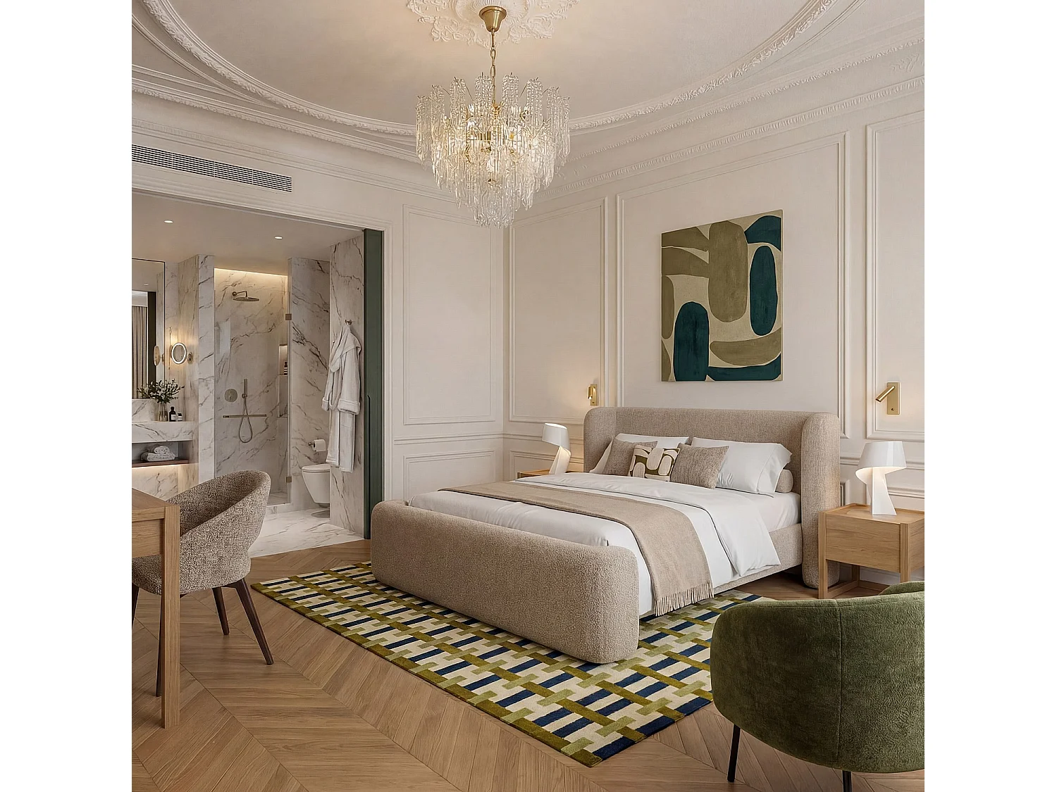 Habitat - Lot de 2 chaises en tissu chenille et bois massif finition noyer avec accoudoirs - Beige - Rusti