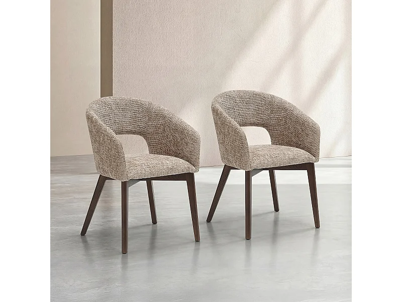Habitat - Lot de 2 chaises en tissu chenille et bois massif avec accoudoirs - Beige et noyer - Rusti