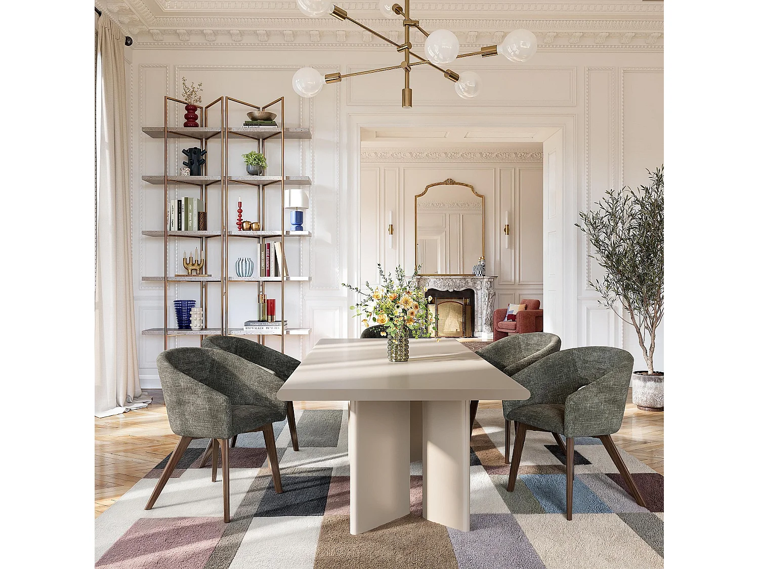 Habitat - Lot de 2 chaises en tissu chenille et bois massif avec accoudoirs - Vert et noyer - Rusti