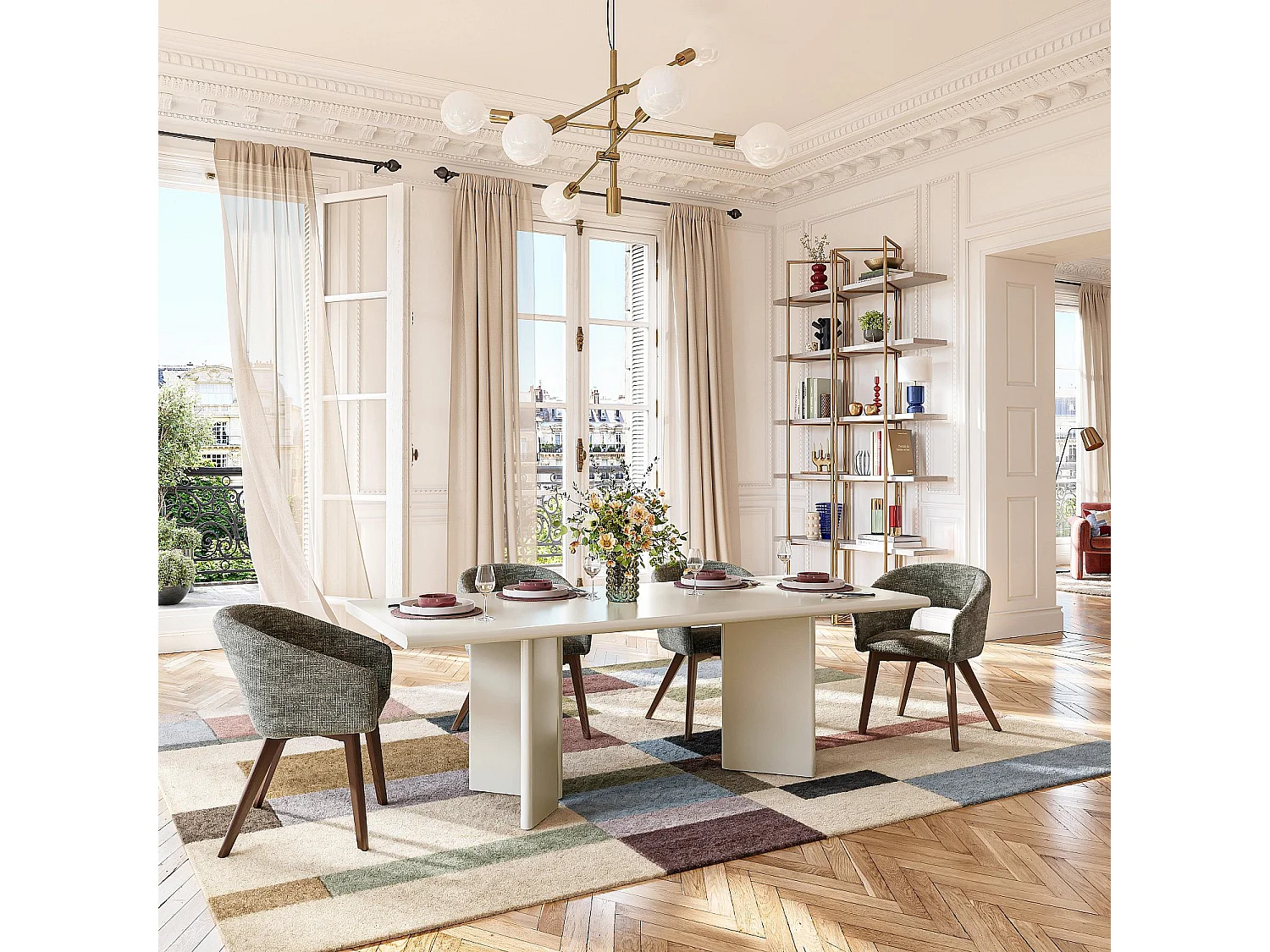 Habitat - Lot de 2 chaises en tissu chenille et bois massif avec accoudoirs - Vert et noyer - Rusti