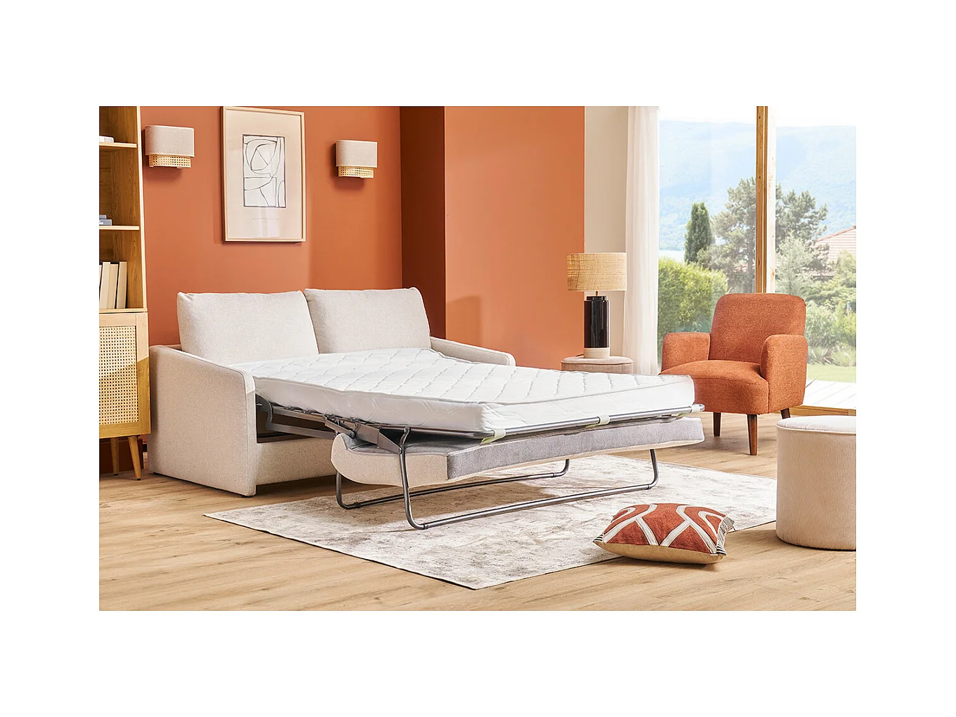 Canapé convertible 2 places en tissu beige crème PAULIN