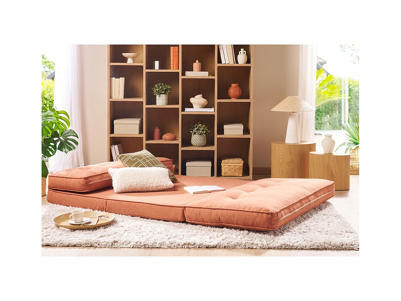 Sillón de 2 plazas convertible en tela terracota SALLY