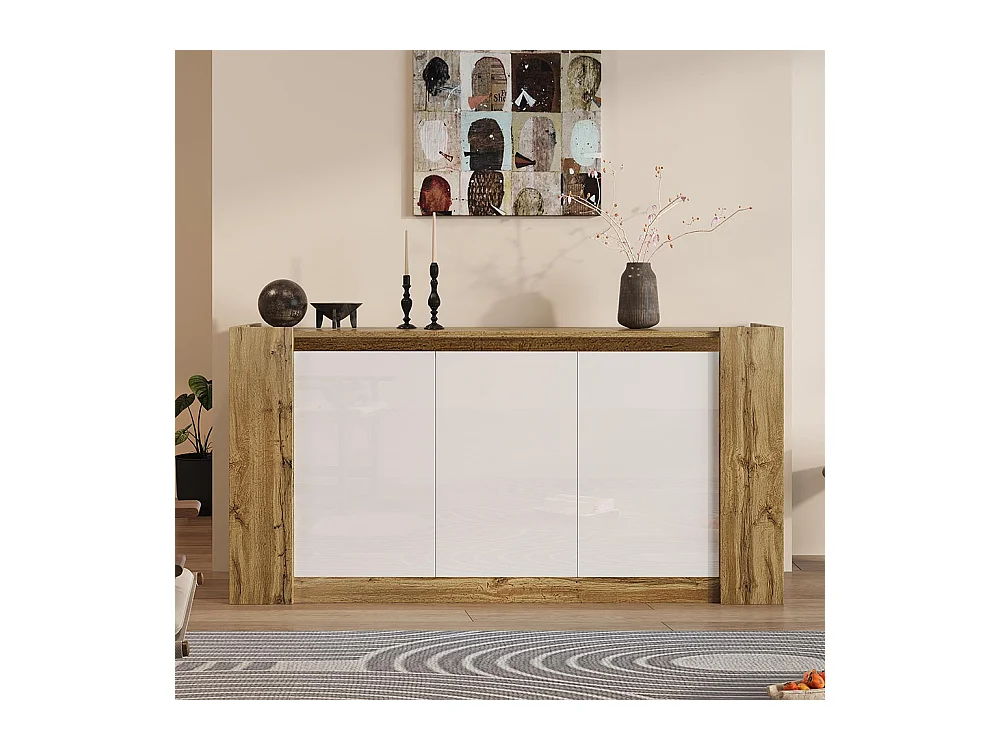 Buffet, blanc brillant et meuble en bois avec portes biseautées pouvant également être utilisées comme tirettes