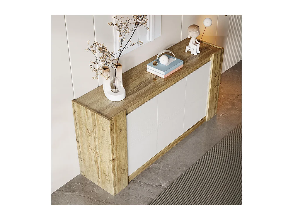 Buffet, blanc brillant et meuble en bois avec portes biseautées pouvant également être utilisées comme tirettes