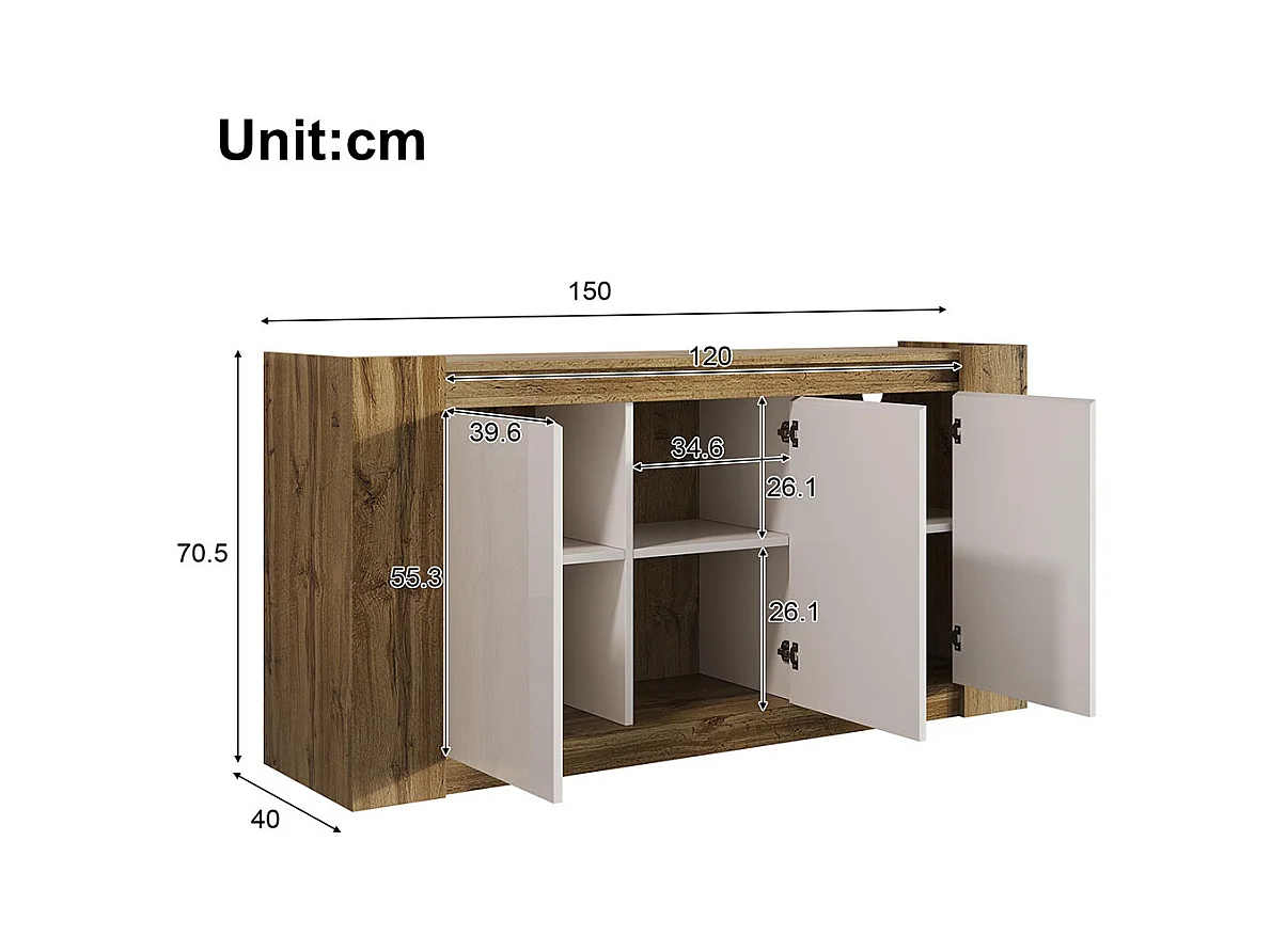 Buffet, blanc brillant et meuble en bois avec portes biseautées pouvant également être utilisées comme tirettes