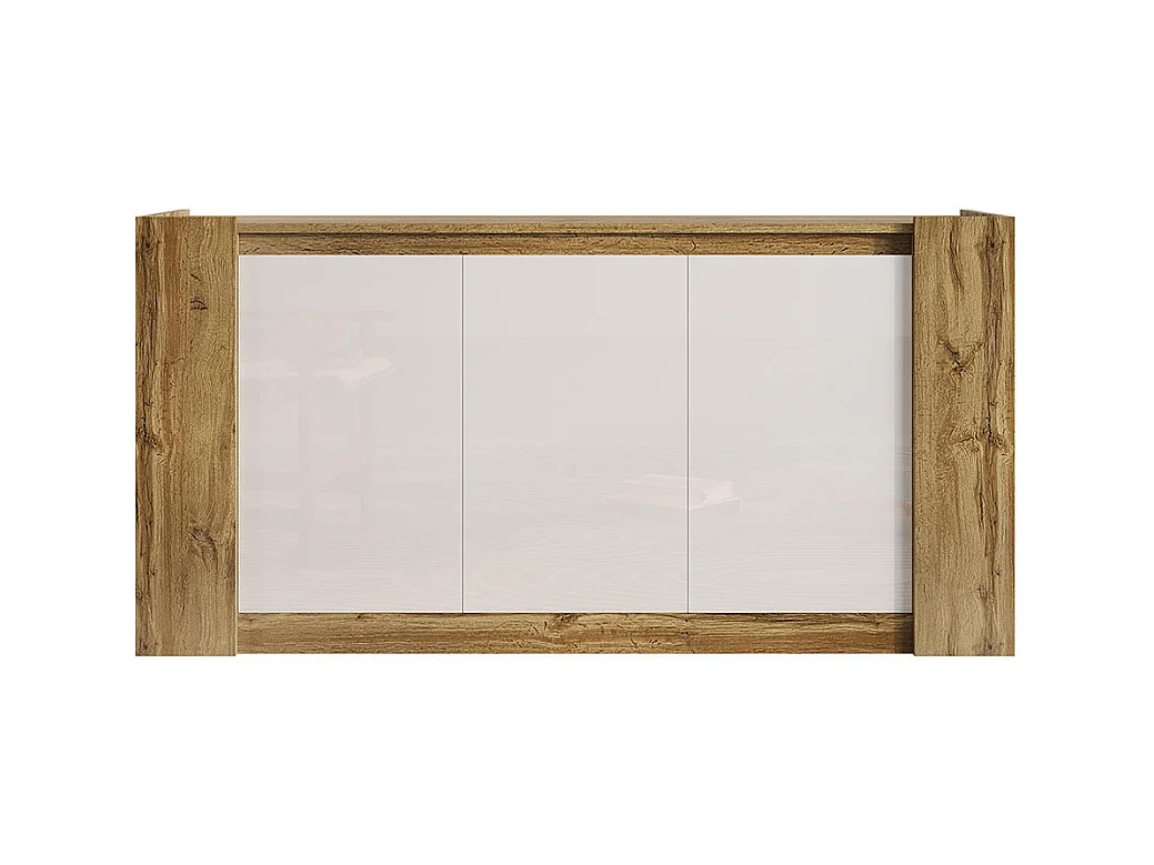 Buffet, blanc brillant et meuble en bois avec portes biseautées pouvant également être utilisées comme tirettes