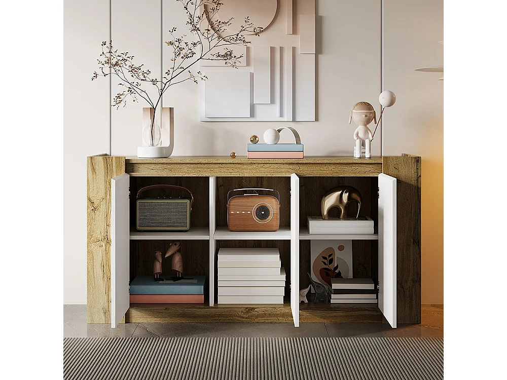 Buffet, blanc brillant et meuble en bois avec portes biseautées pouvant également être utilisées comme tirettes