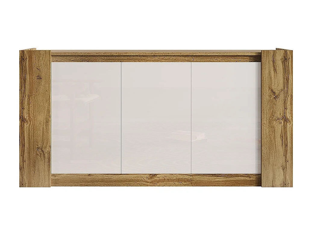 Buffet, blanc brillant et meuble en bois avec portes biseautées pouvant également être utilisées comme tirettes