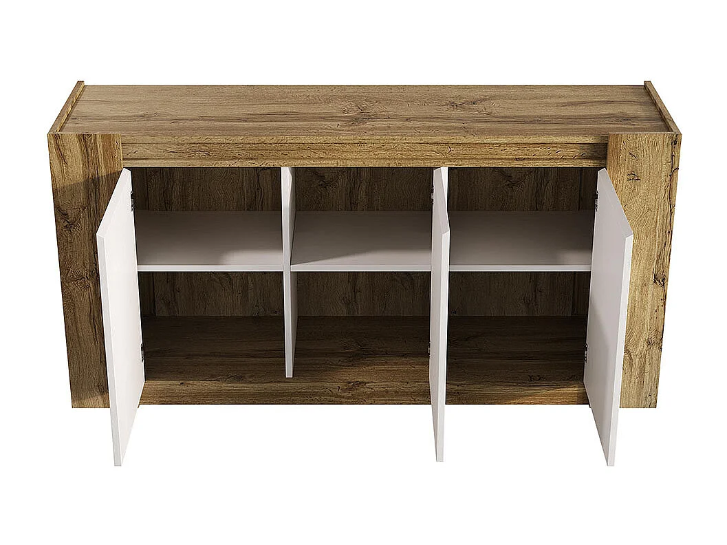 Buffet, blanc brillant et meuble en bois avec portes biseautées pouvant également être utilisées comme tirettes