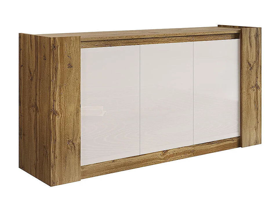 Buffet, blanc brillant et meuble en bois avec portes biseautées pouvant également être utilisées comme tirettes