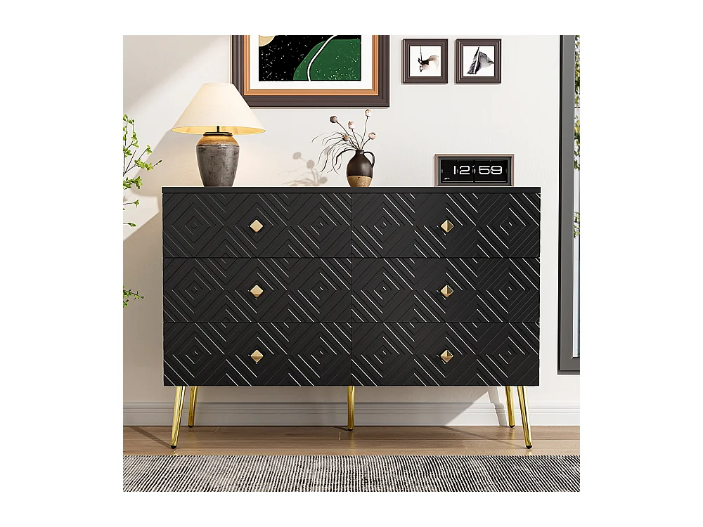 Cómoda moderna de 6 gavetas - 120x40x80 cm - Elegante cor preta e dourada - Pernas de metal robustas