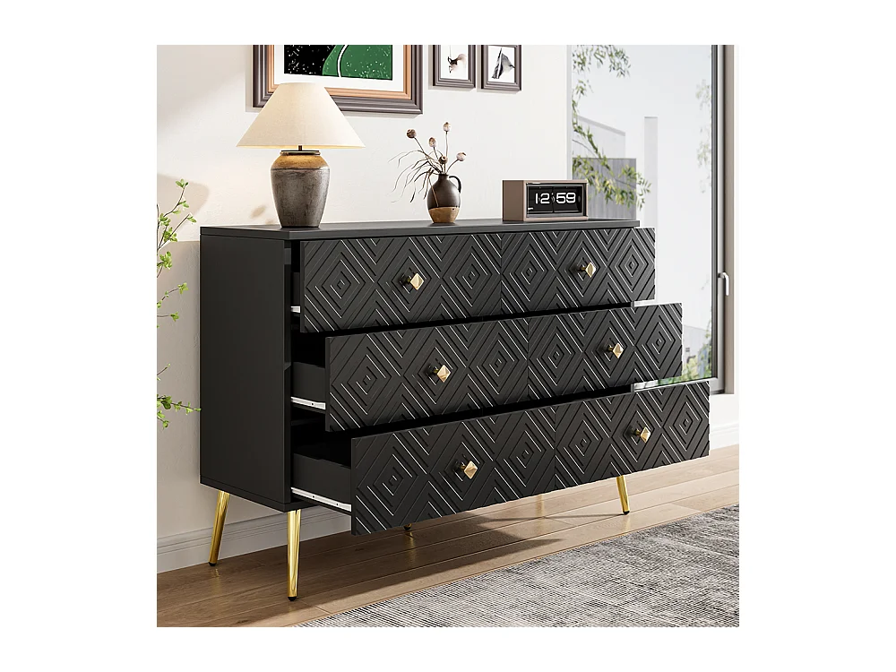 Cómoda moderna de 6 gavetas - 120x40x80 cm - Elegante cor preta e dourada - Pernas de metal robustas