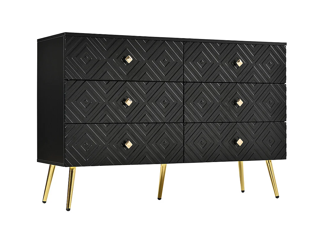 Cómoda moderna de 6 gavetas - 120x40x80 cm - Elegante cor preta e dourada - Pernas de metal robustas