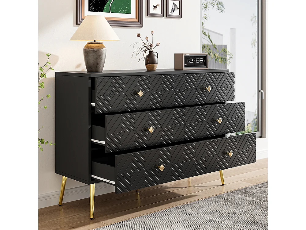 Commode moderne 6 tiroirs - 120x40x80 cm - Elégante couleur noir et or - Pieds stables en métal