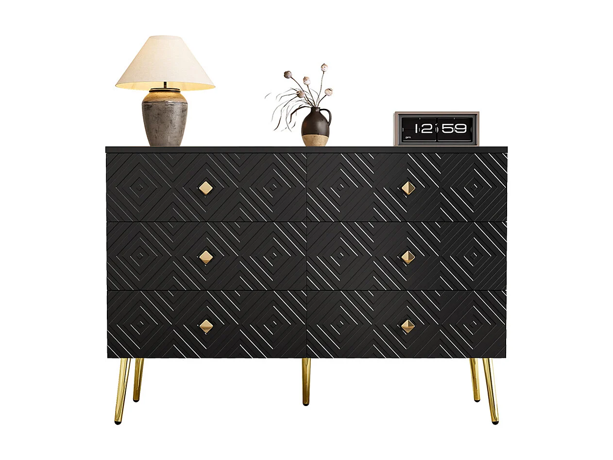 Commode moderne 6 tiroirs - 120x40x80 cm - Elégante couleur noir et or - Pieds stables en métal