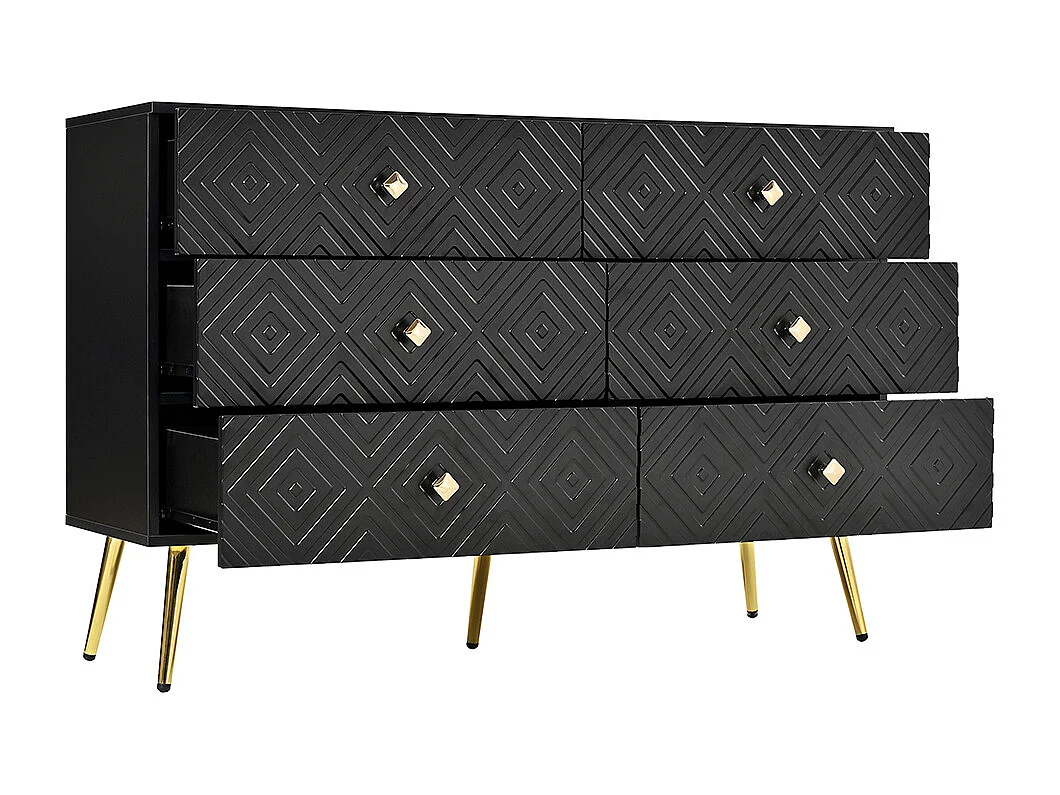 Commode moderne 6 tiroirs - 120x40x80 cm - Elégante couleur noir et or - Pieds stables en métal