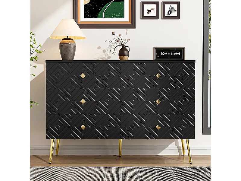 Moderne commode met 6 laden - 120x40x80 cm - Elegante zwart-gouden kleur - Stevige metalen poten