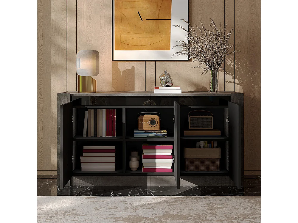 Buffet, armoire assortie aux couleurs brillantes, design sans poignée avec charnières soft-close et étagères réglables, noir + gris