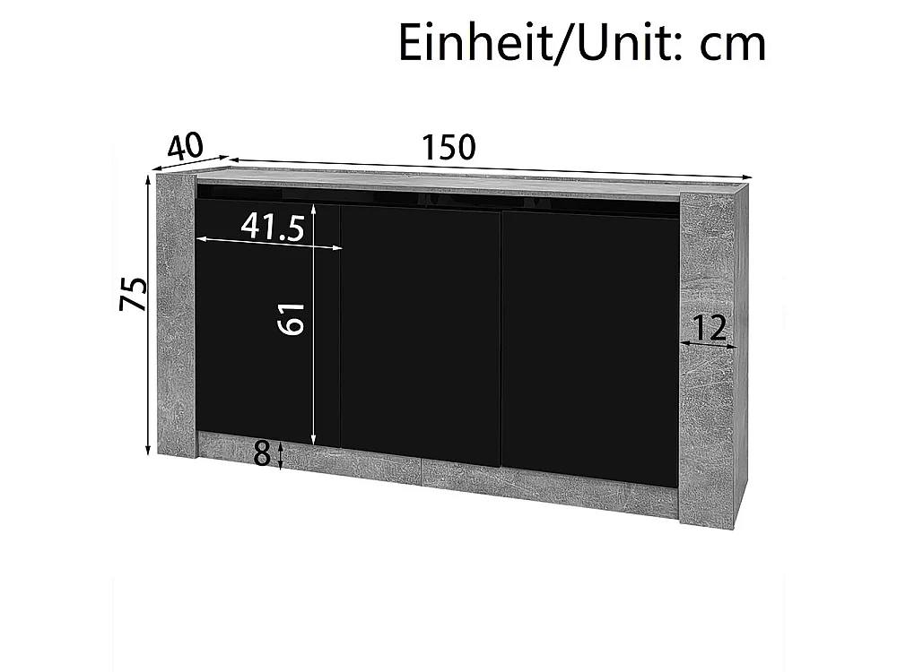 Buffet, armoire assortie aux couleurs brillantes, design sans poignée avec charnières soft-close et étagères réglables, noir + gris