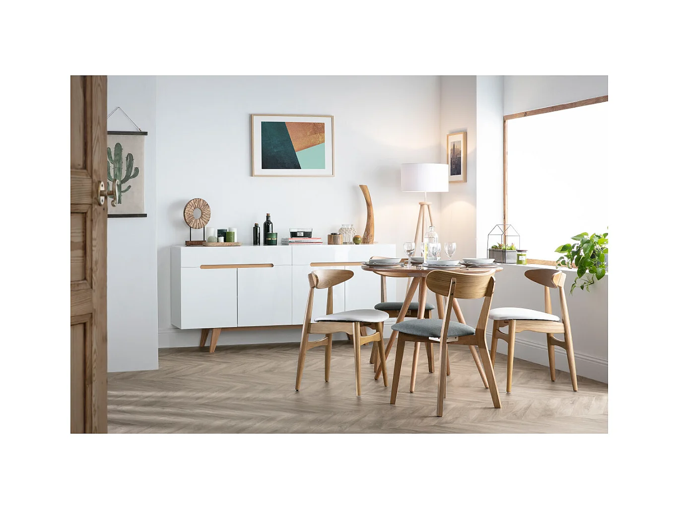 Aparador escandinavo blanco brillante y fresno 180cm MELKA