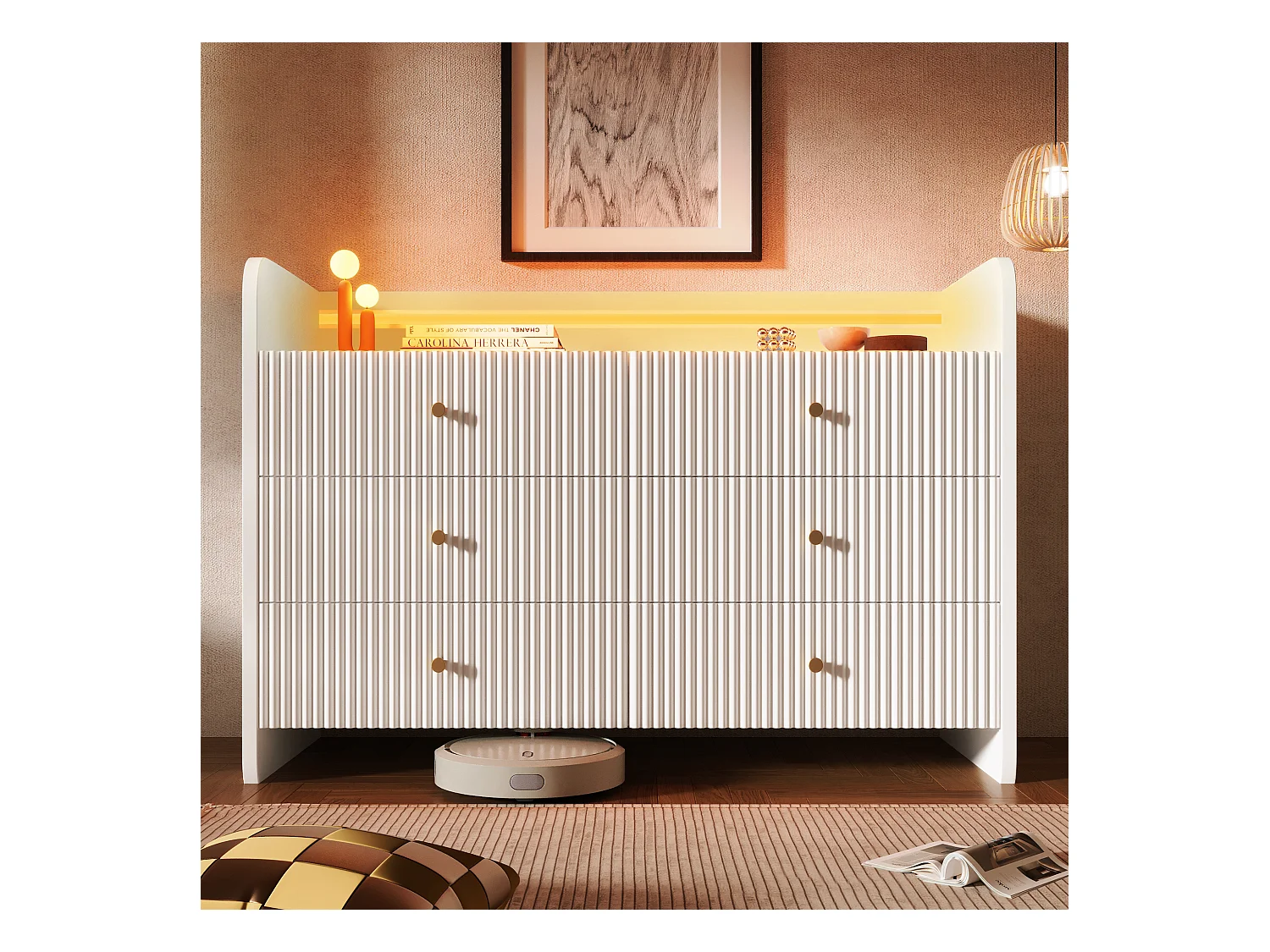 Buffet, commode avec éclairage LED et 6 tiroirs, design ondulé, 120x40x75 cm, blanc