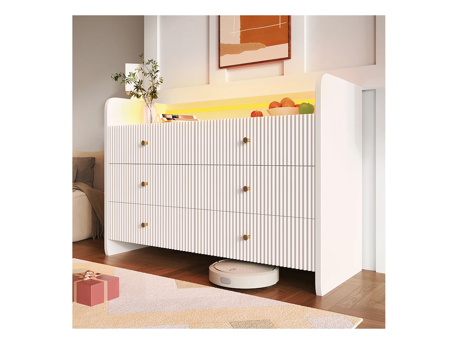 Buffet, commode avec éclairage LED et 6 tiroirs, design ondulé, 120x40x75 cm, blanc