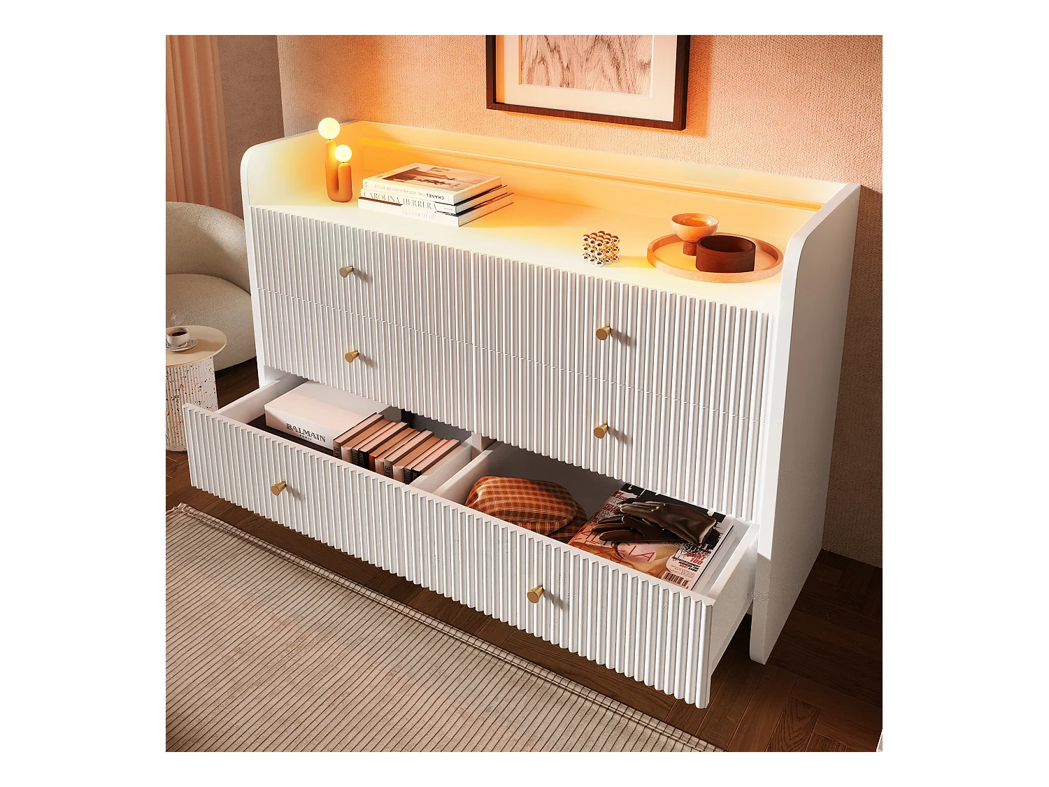 Credenza, cassettiera con illuminazione LED e 6 cassetti, design ondulato, 120x40x75 cm, bianco