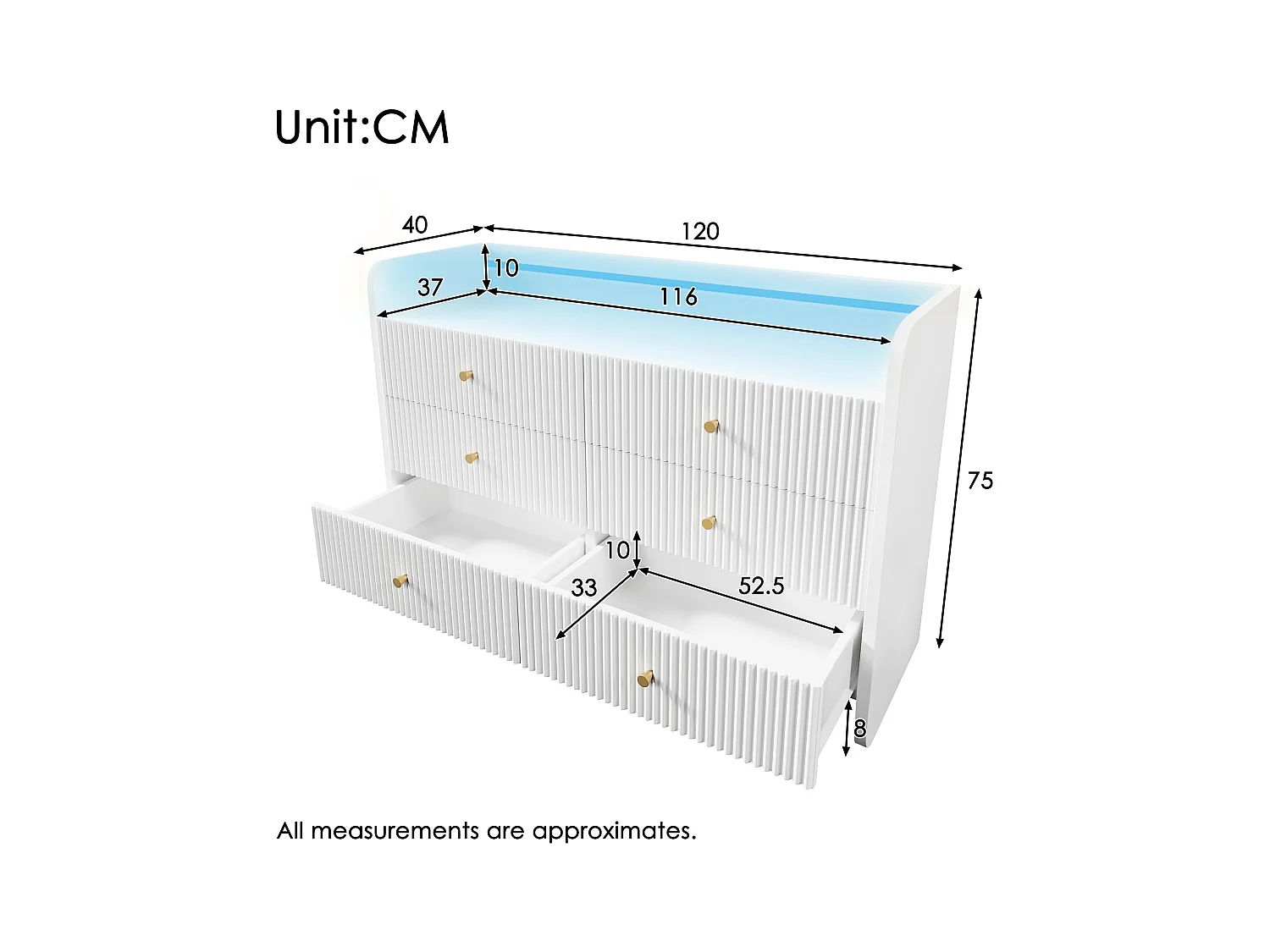 Credenza, cassettiera con illuminazione LED e 6 cassetti, design ondulato, 120x40x75 cm, bianco