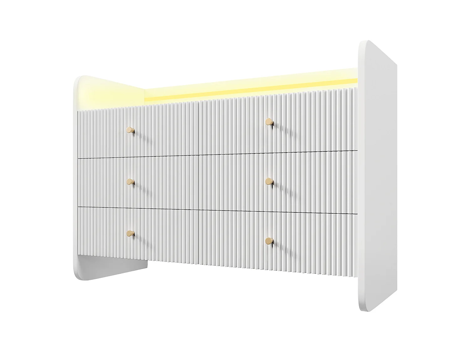 Credenza, cassettiera con illuminazione LED e 6 cassetti, design ondulato, 120x40x75 cm, bianco