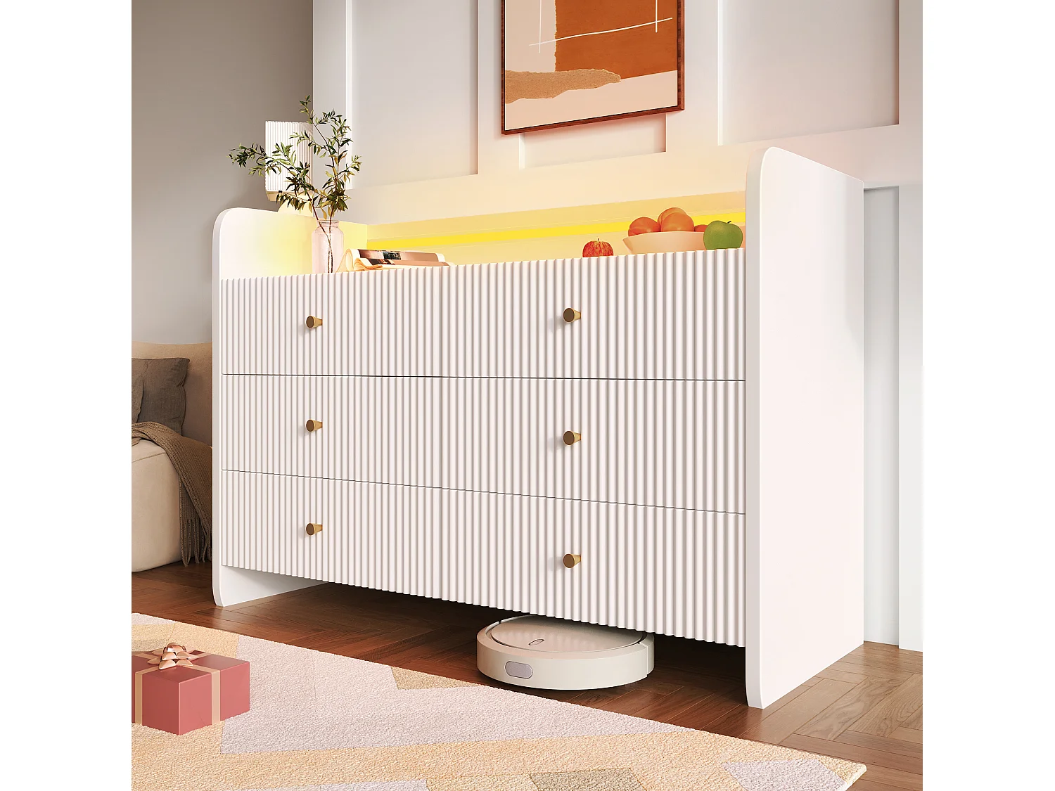 Buffet, commode avec éclairage LED et 6 tiroirs, design ondulé, 120x40x75 cm, blanc