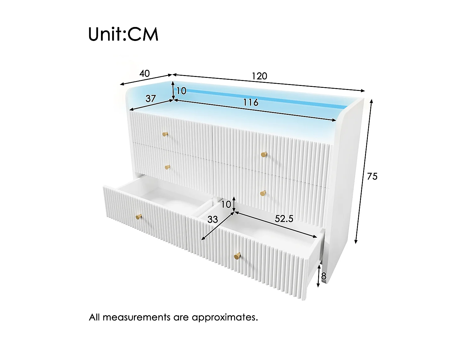 Buffet, commode avec éclairage LED et 6 tiroirs, design ondulé, 120x40x75 cm, blanc