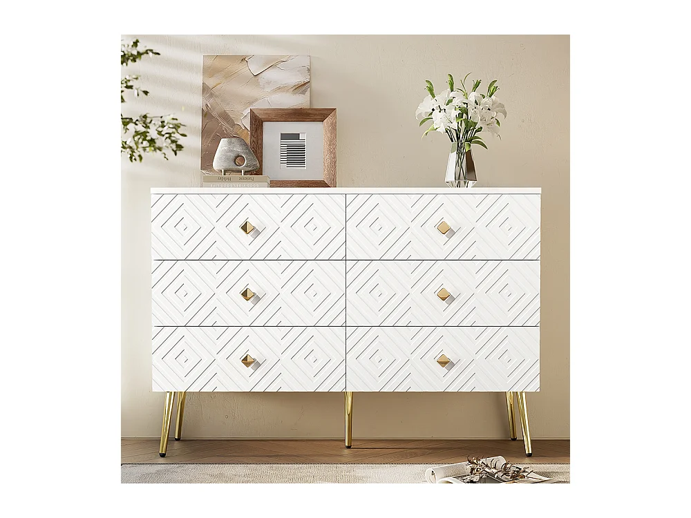 Aparador moderno de 6 gavetas - 120x40x80 cm - Branco elegante com cores douradas